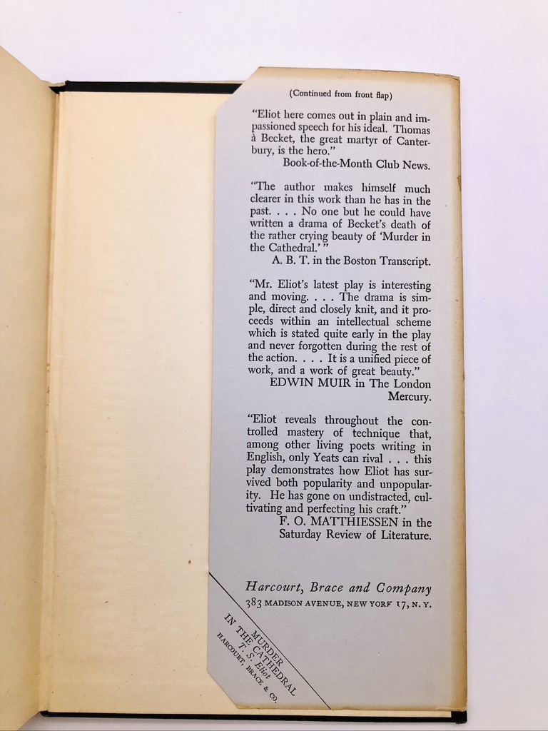 Murder in the Cathedral. By T.S. Eliot. Second Edition, Later Printing. Harcourt, Brace & Co. New York, circa 1945. - Image 4