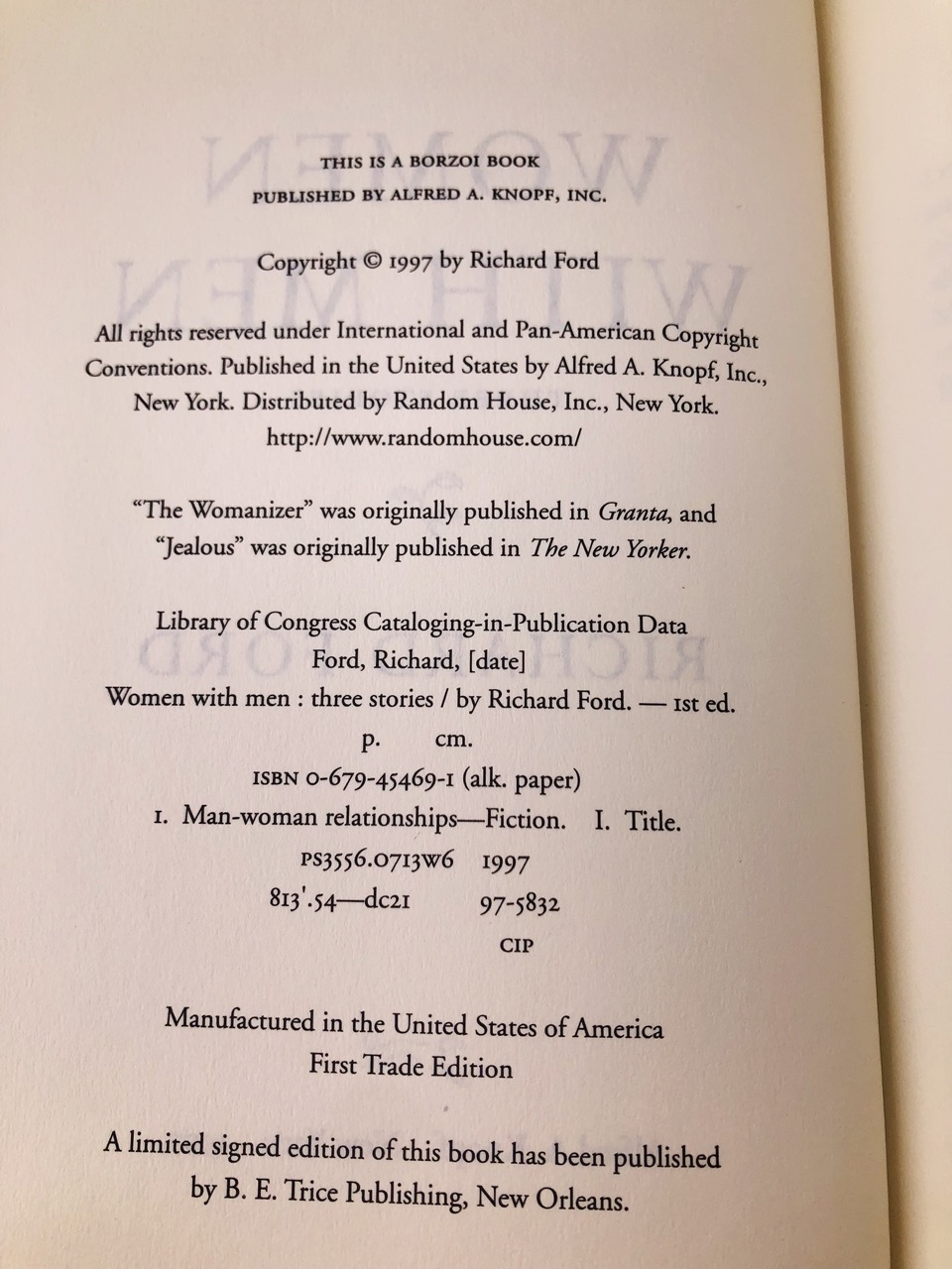 Women with Men. By Richard Ford. First Trade Edition, First Printing. Knopf. New York, 1997. - Image 6