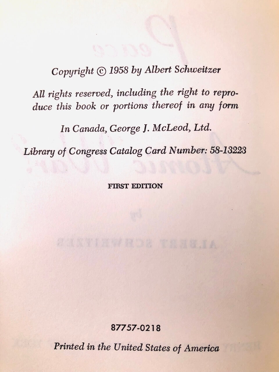 Peace or Atomic War? By Albert Schweitzer. First Edition, First Printing. Holt & Co. New York, 1958. - Image 4