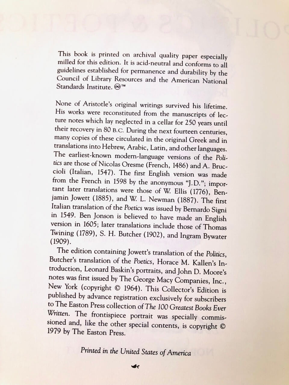 Politics & Poetics. By Aristotle. Translated by Benjamin Jowett and B.H. Butcher. Illustrations by Leonard Baskin. Collector’s Edition. Easton Press. Norwalk, 1979. - Image 4