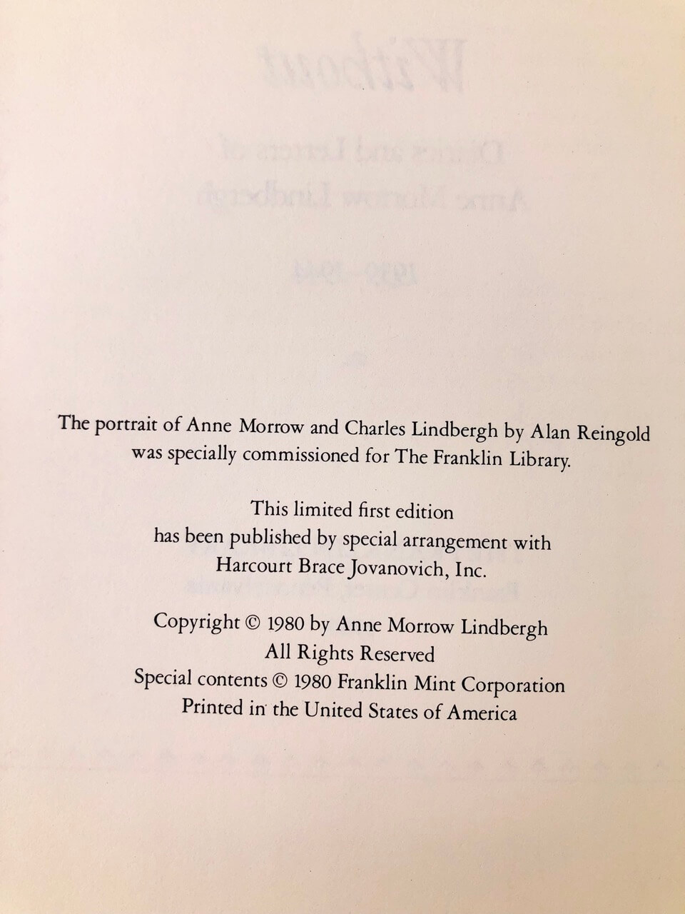 War Within and Without. By Anne Morrow Lindbergh. Limited First Edition. Franklin Library. Franklin Center, 1980. - Image 4