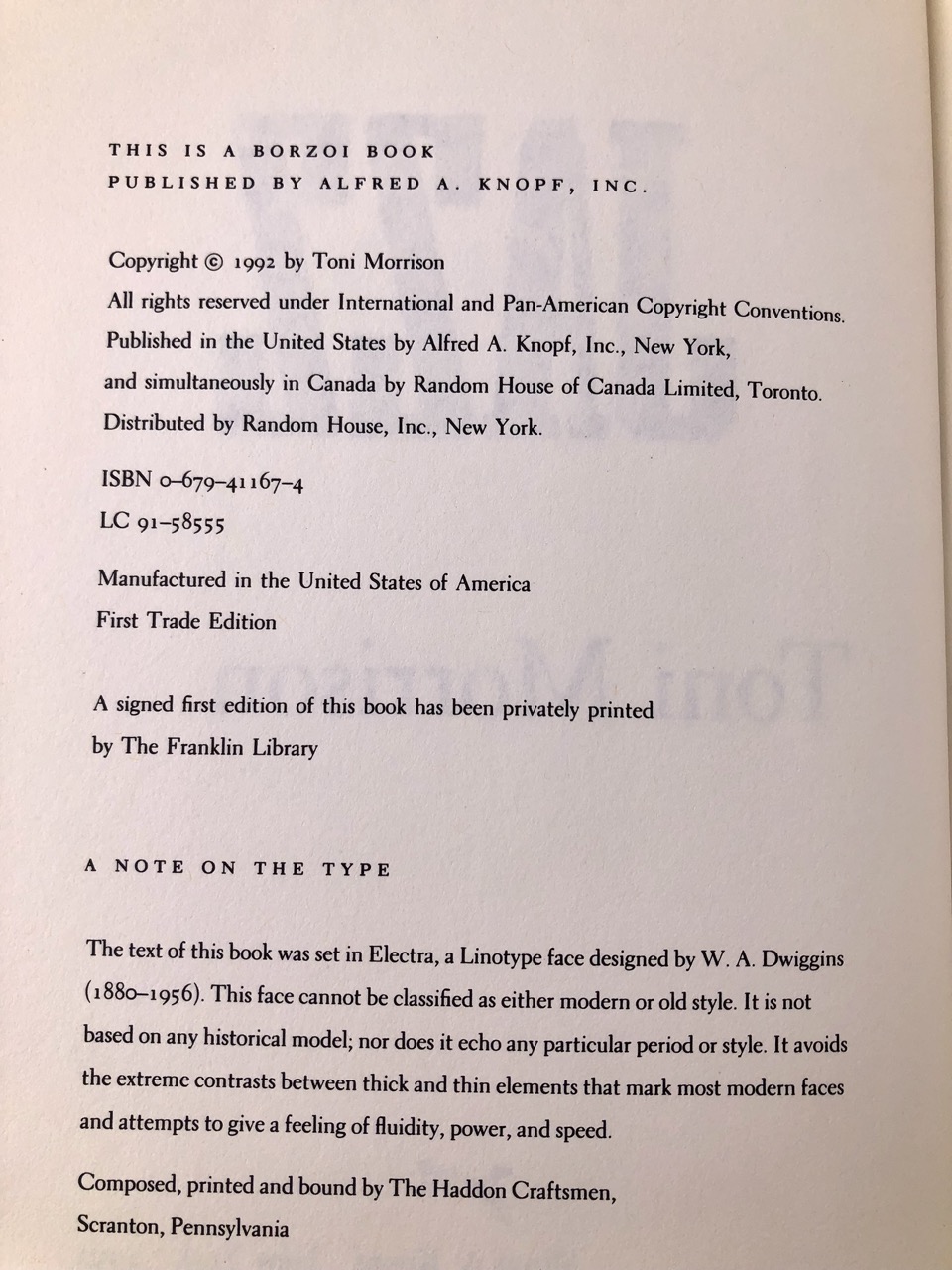Jazz. By Toni Morrison. First Trade Edition, First Printing. Knopf. New York, 1992. - Image 7