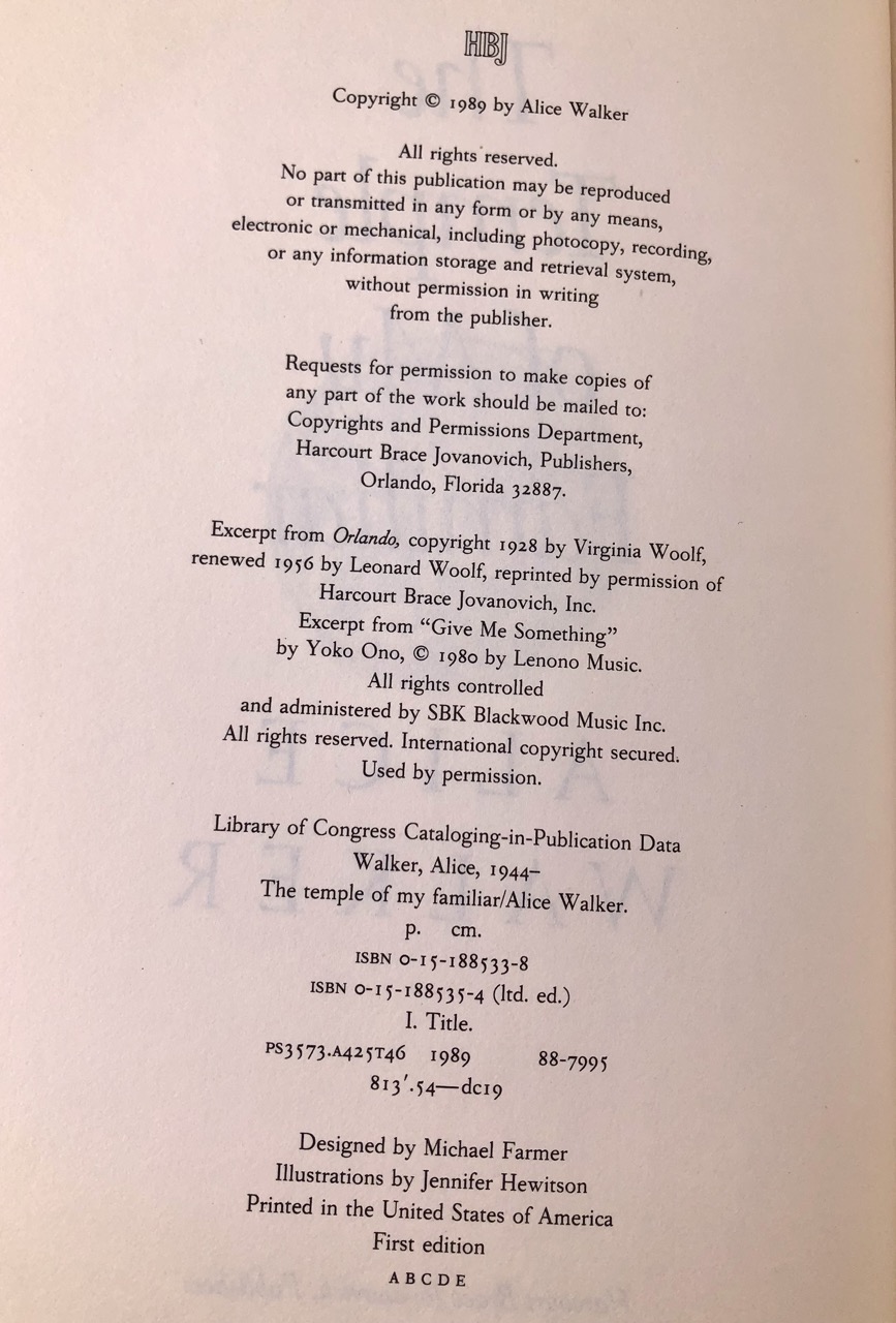 The Temple of My Familiar. By Alice Walker. First Edition, First Printing. Harcourt, Brace, Jovanovich. New York, 1989. - Image 6