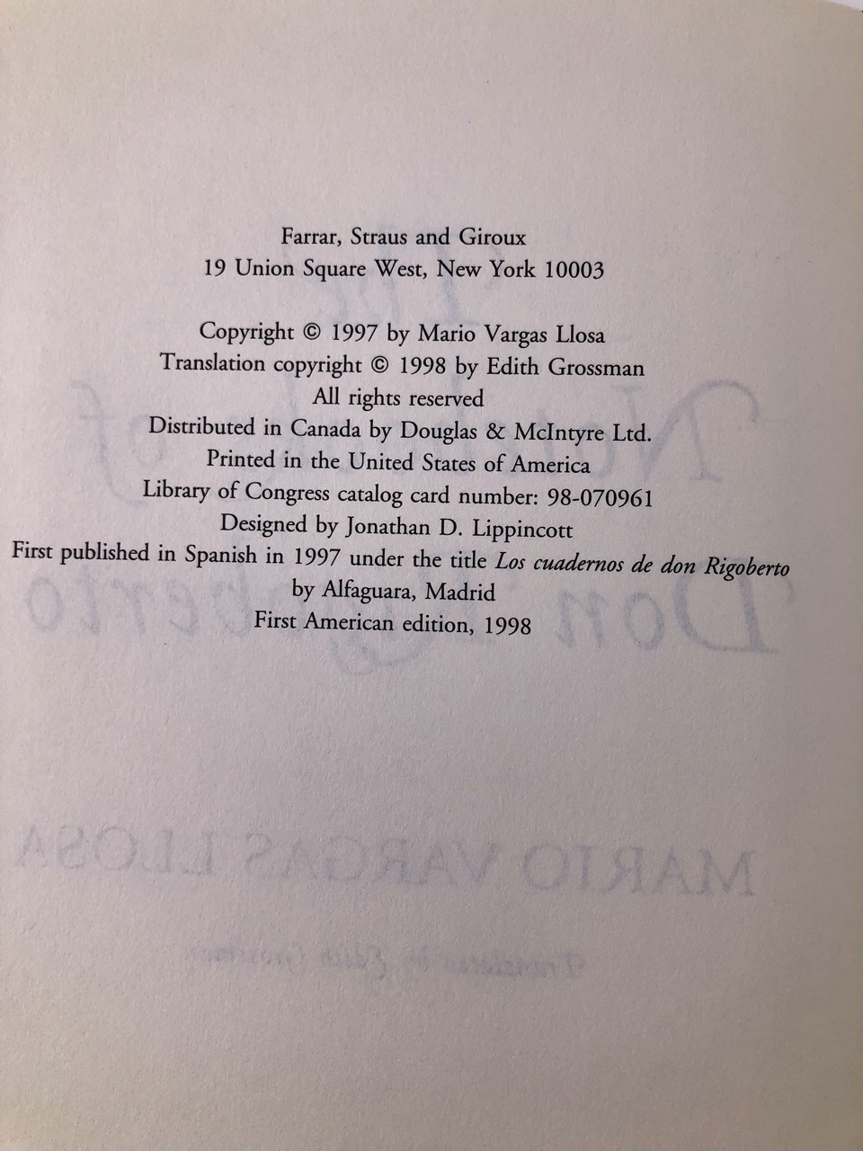 The Notebooks of Don Rigoberto. By Mario Vargas Llosa. Translated by Edith Grossman. First American Edition, First Printing. Farrar, Straus, Giroux. New York, 1998. - Image 6