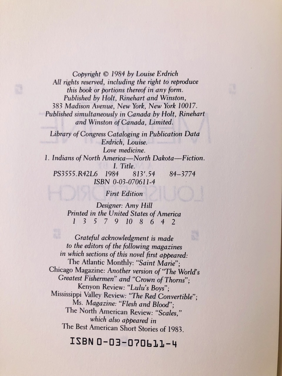 Love Medicine. By Louise Erdrich. First Edition, First Printing. Holt, Rinehart, Winston. New York, 1984. - Image 7