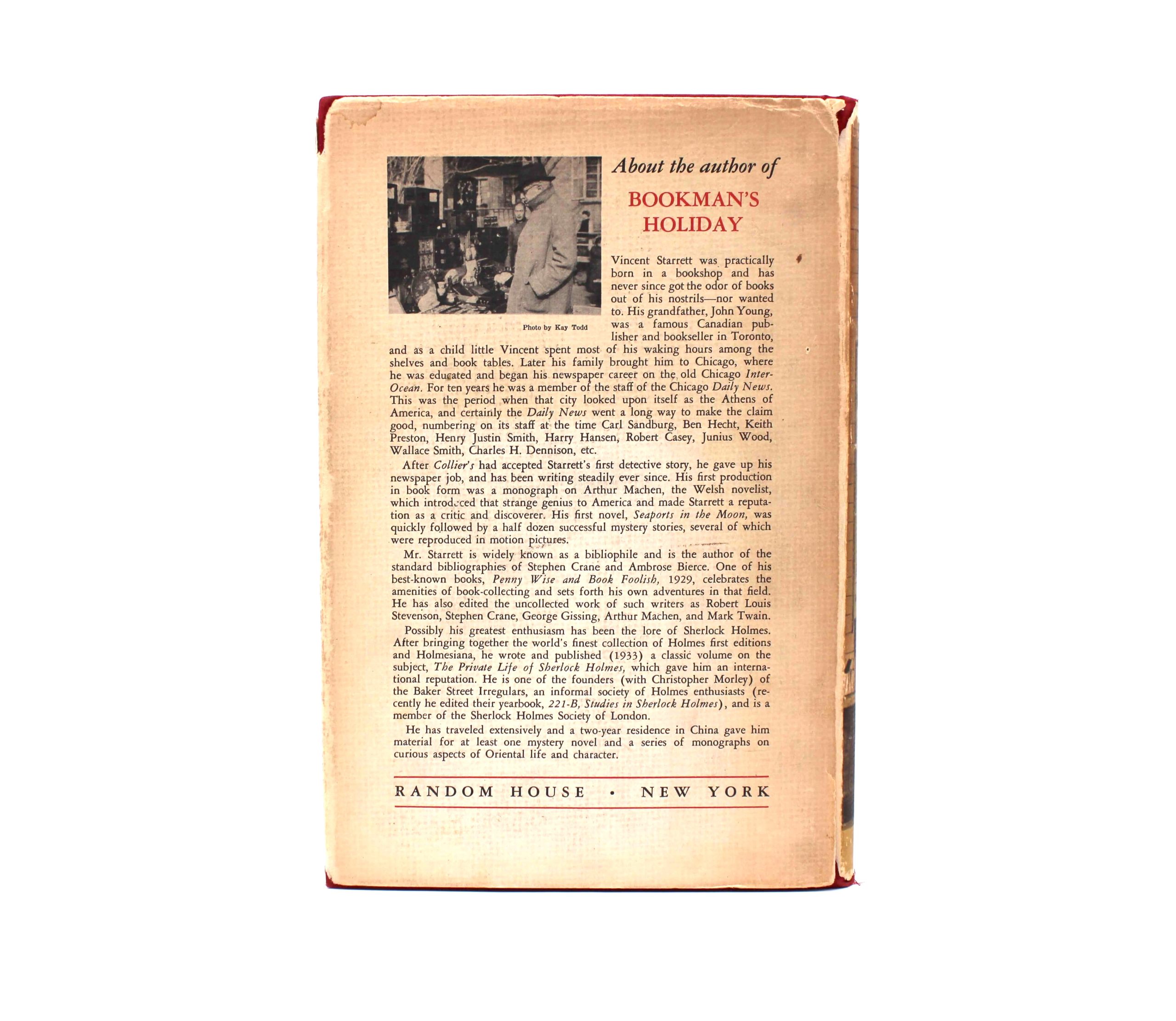 Bookman’s Holiday. By Vincent Starrett. First Edition, First Printing. Random House. New York, 1942. - Image 3